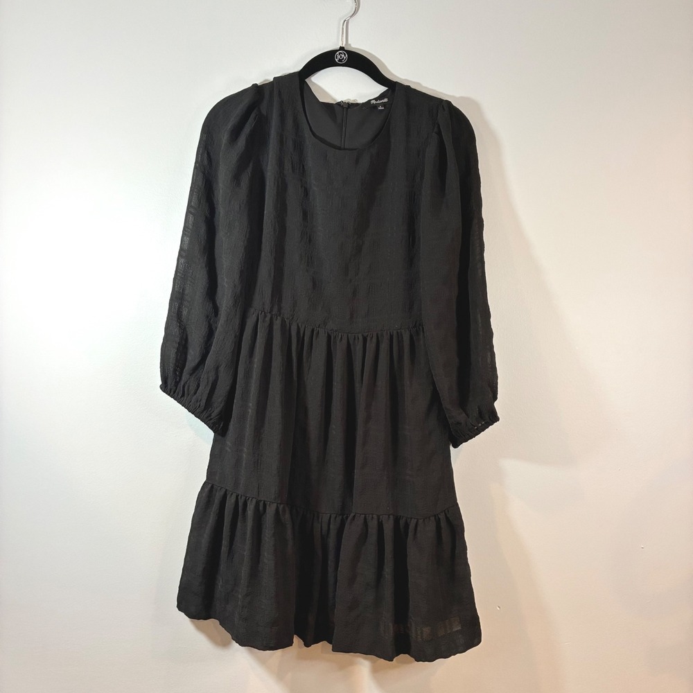 Madewell Dress Womens‎ 0 Black Puff Sleeve Ruffle Hem Mini Tiered Woven Plaid